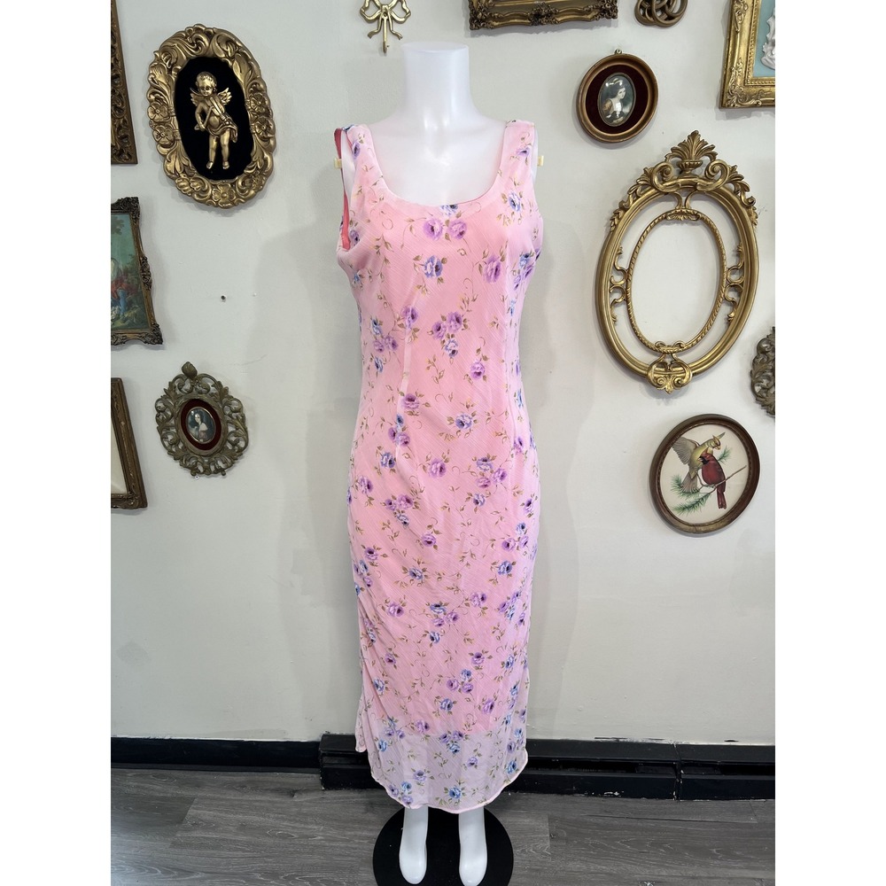 Karin Stevens Pink Floral Mesh Midi Dress Sleeveless Size 10